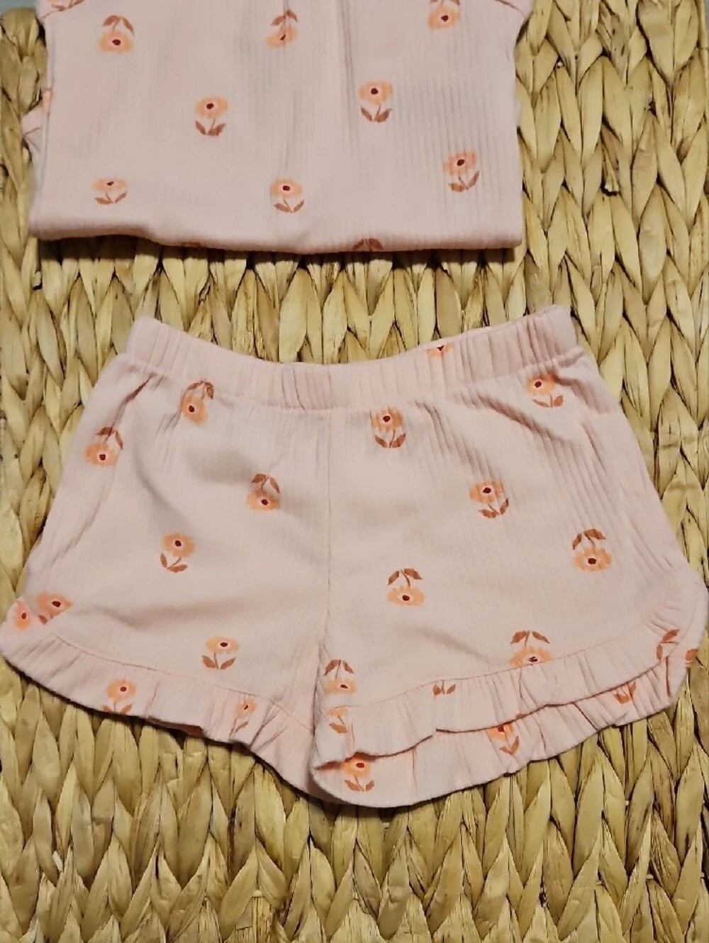 Carter's Peach Pink Floral Ribbed Tank Bodysuit & Ruffle Shorts Set
